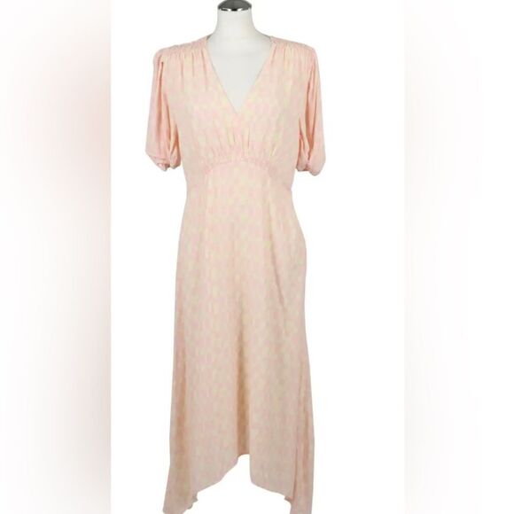 Club Monaco pink and cream check puff sleeve midi dress size 2 - Picture 1 of 12